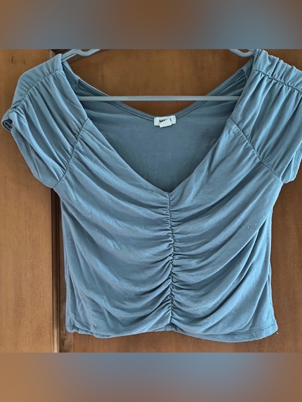 Garage Slate Blue Ruched Front Short Sleeve Crop Top Medium